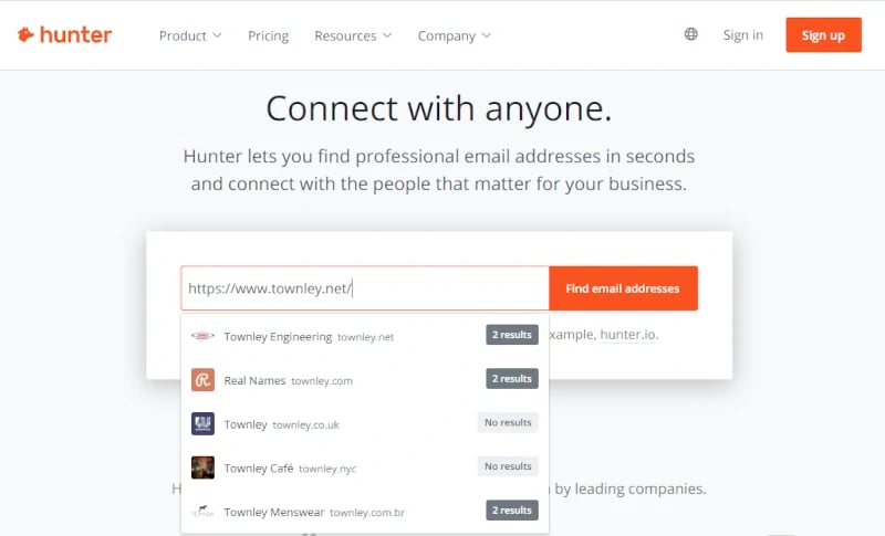 Hunter.io find email addresses