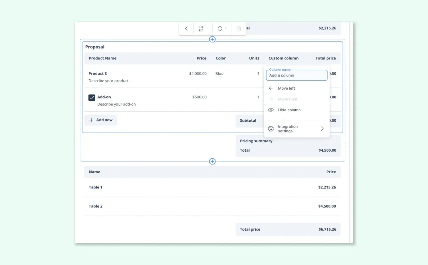 Improved pricing table experience with more customizable columns and a pricing table summary