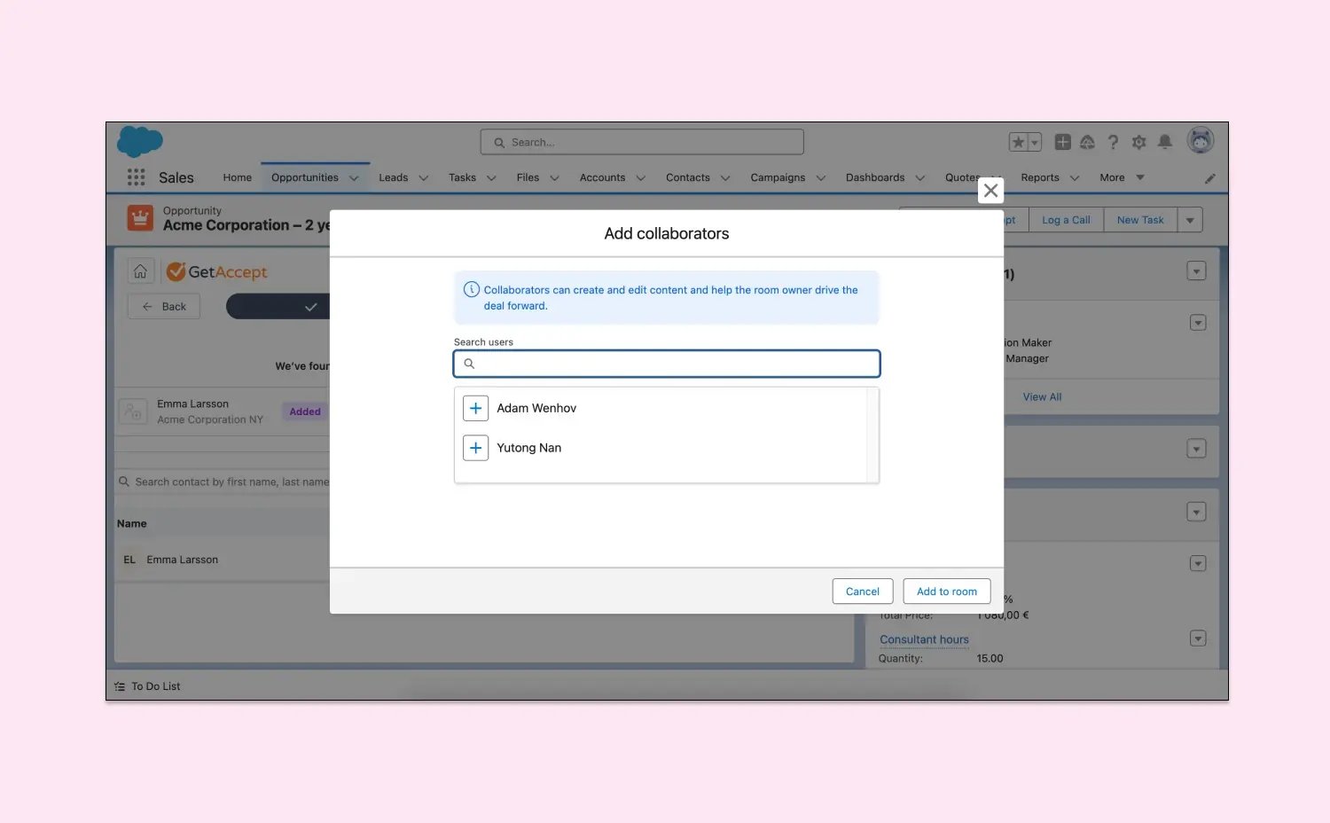 Add collaborators to your rooms directly within Salesforce