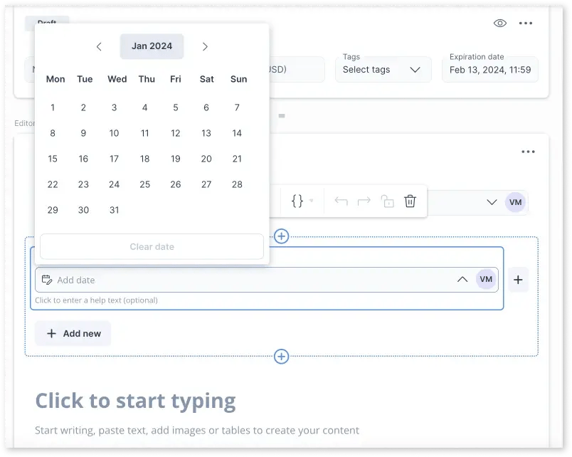 Date field input for the Editor